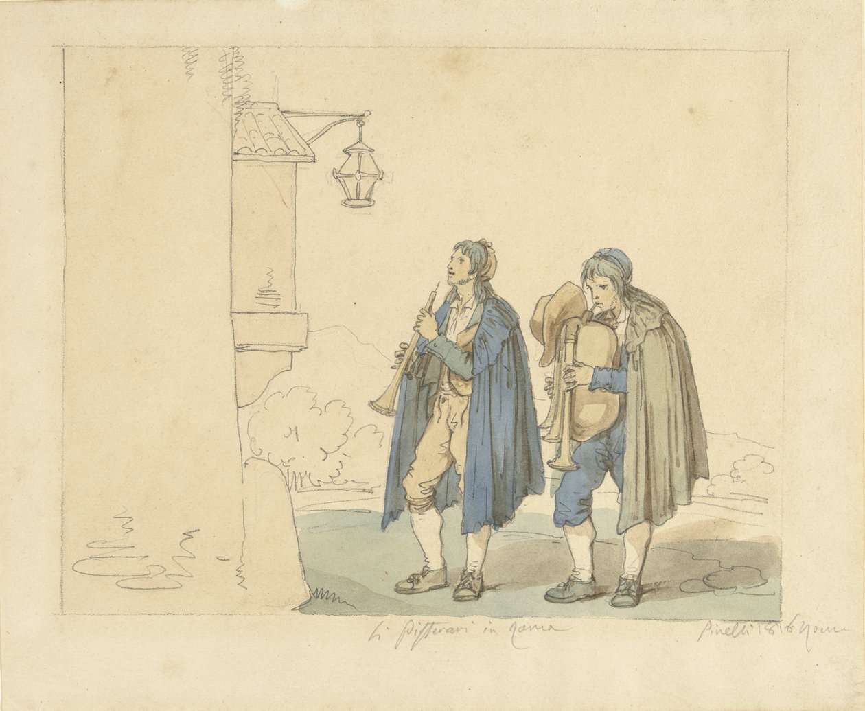 Flautista e gaiteiro na frente de uma casa Li Pifferari em Roma (título no objeto) de Bartolomeo Pinelli