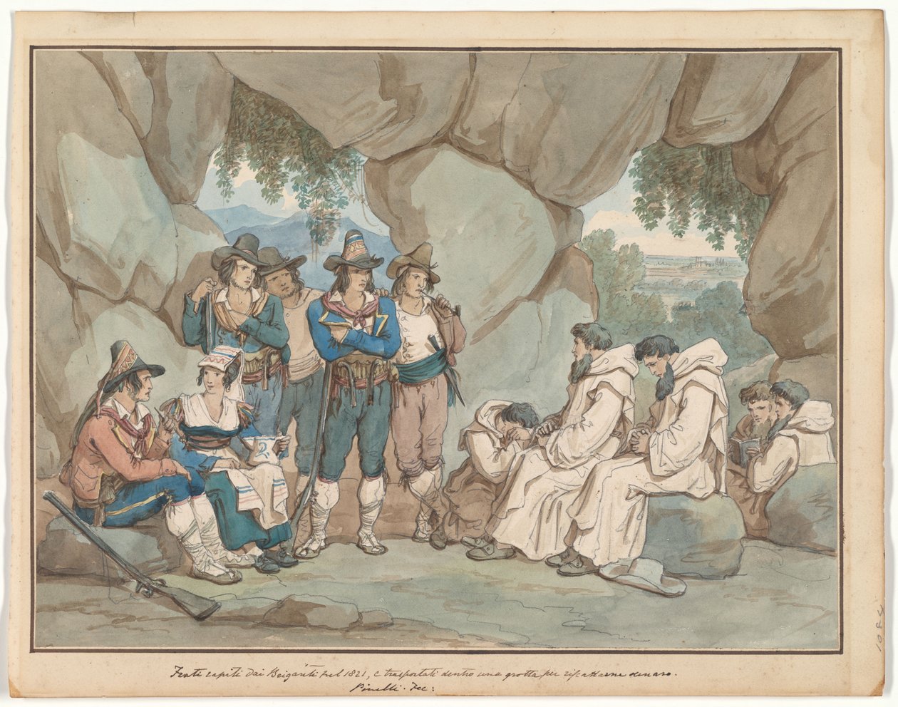 «Frati» capturado por bandidos e mantido numa gruta, ilustração para Trajes e costumes romanos de Bartolomeo Pinelli