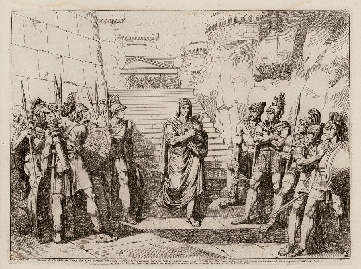 Caio Fábio Dorsu passa incólume pelos gauleses quando se dirige para fazer um sacrifício, 390 a.C. (gravura) de Bartolomeo Pinelli