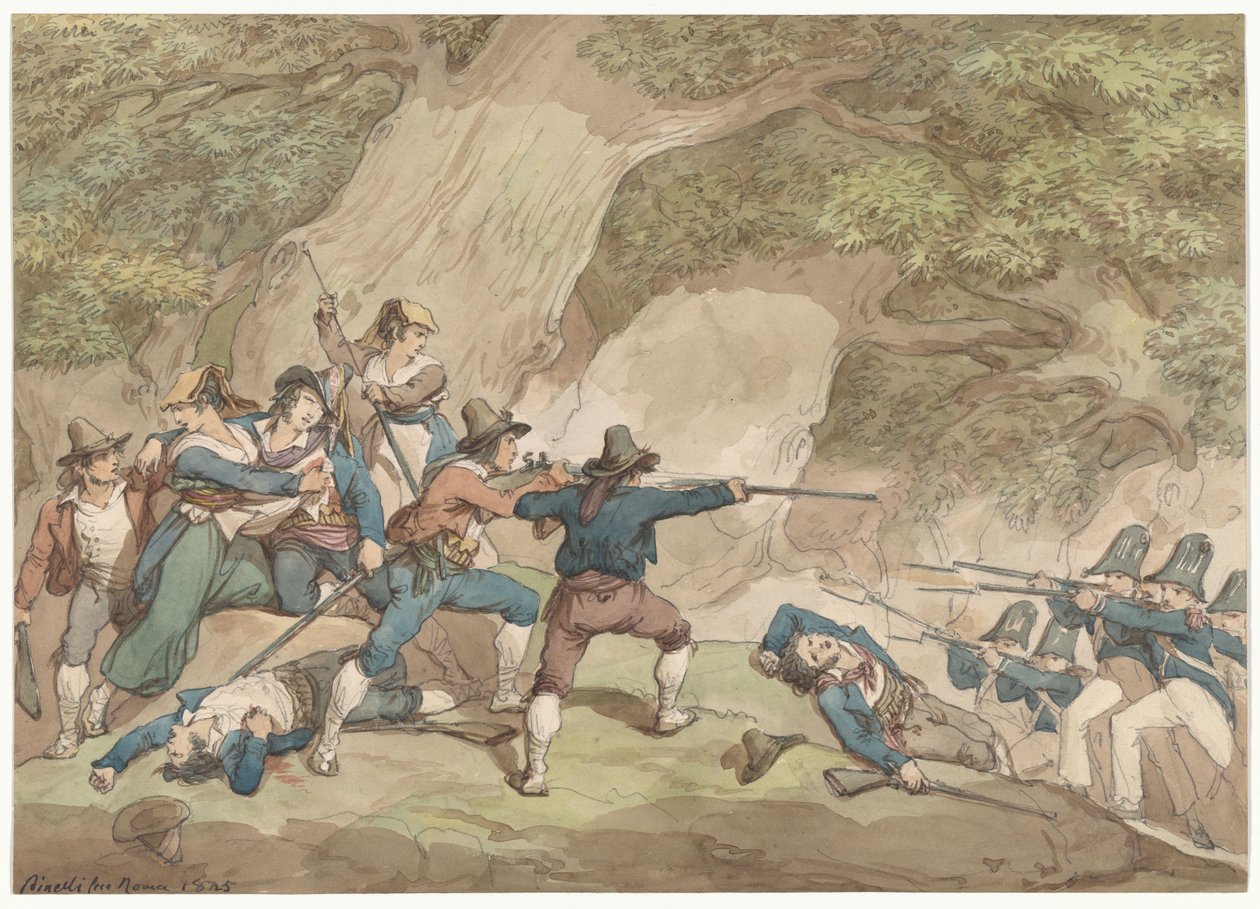 Gendarmes do Reino de Nápoles a combater os calabreses, ilustração para Trajes e costumes romanos de Bartolomeo Pinelli