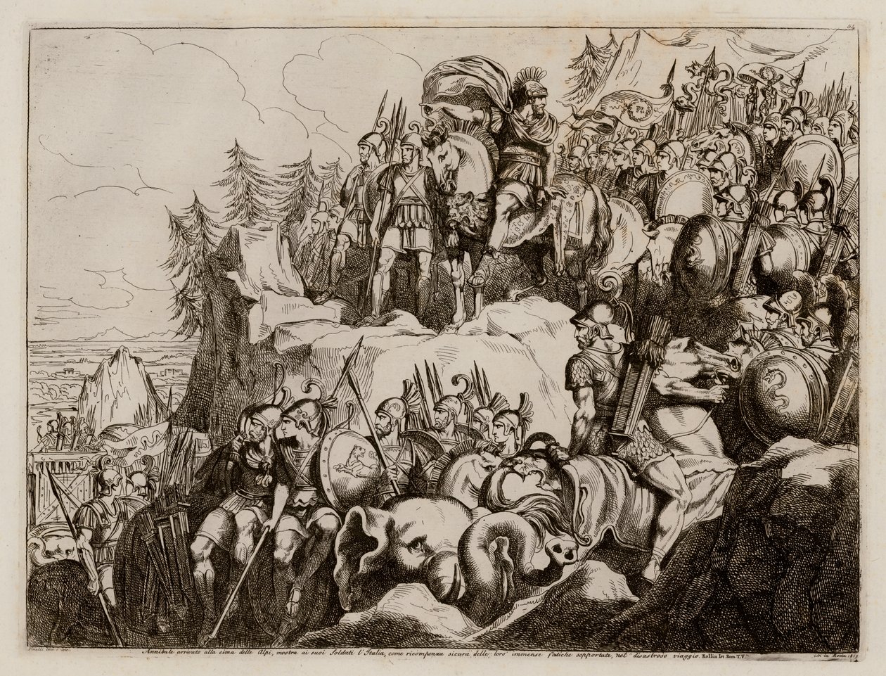 Aníbal atravessando os Alpes em direção a Itália, 218 a.C. (gravura) de Bartolomeo Pinelli