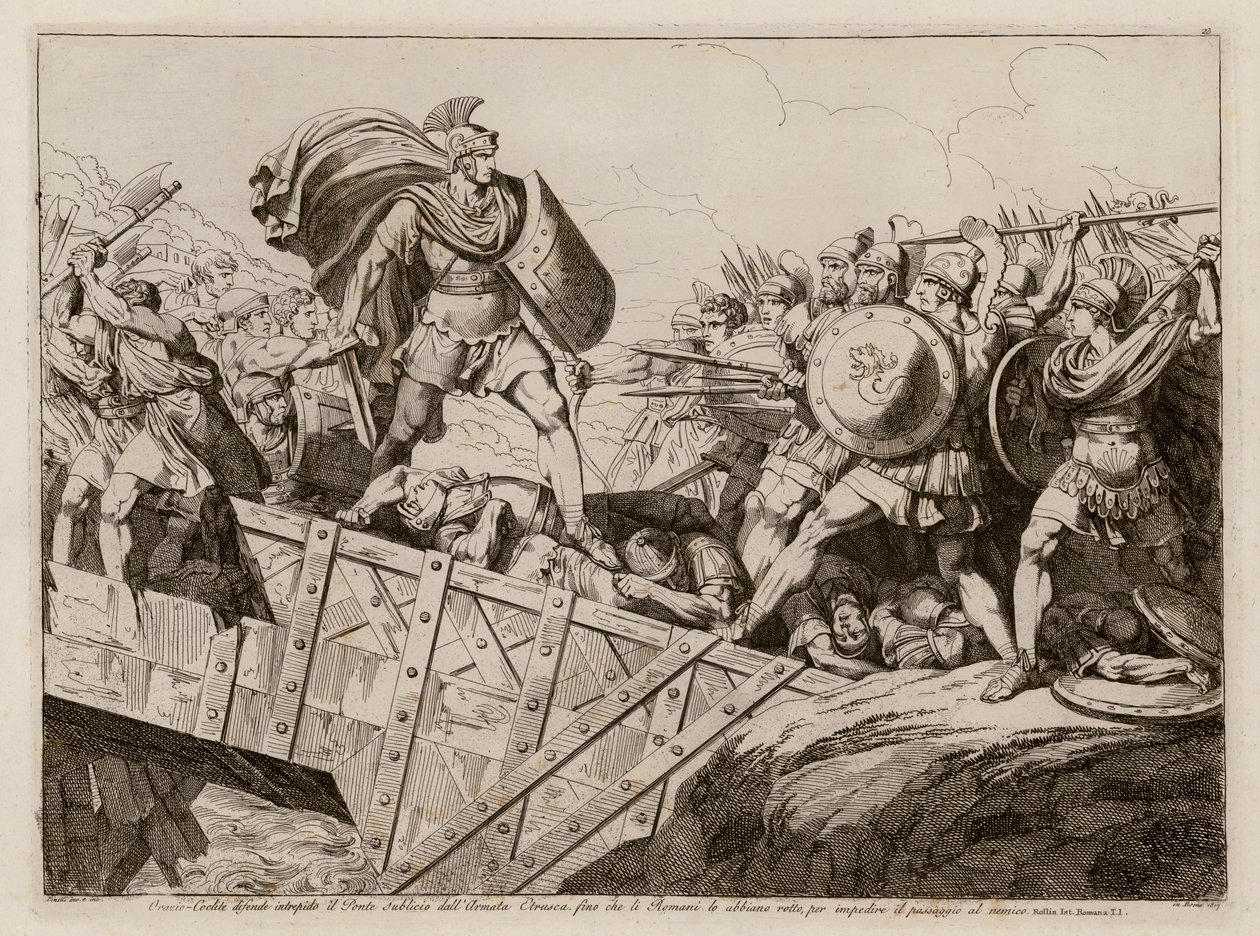 Horatius Cocles defendendo o Pons Sublicius, 509 a.C. (gravura) de Bartolomeo Pinelli