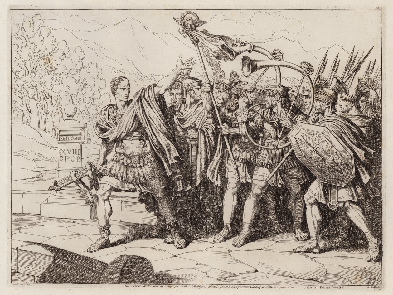Júlio César na travessia do Rubicão, 49 a.C. (gravura) de Bartolomeo Pinelli