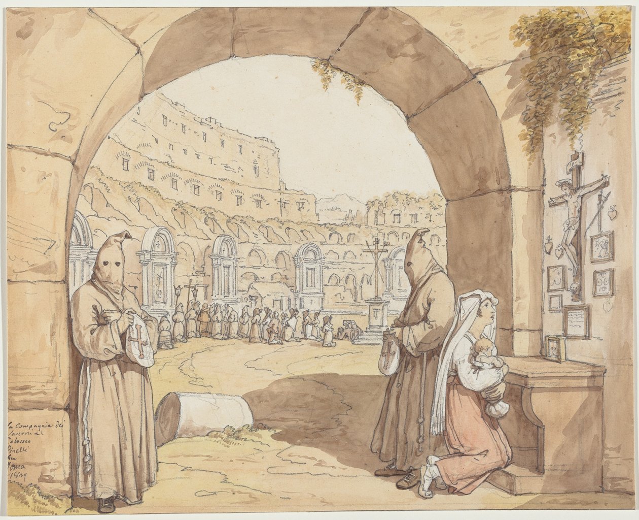 A Companhia dos Sacconi no Coliseu (Penitentes a rezar junto aos altares no Coliseu) de Bartolomeo Pinelli