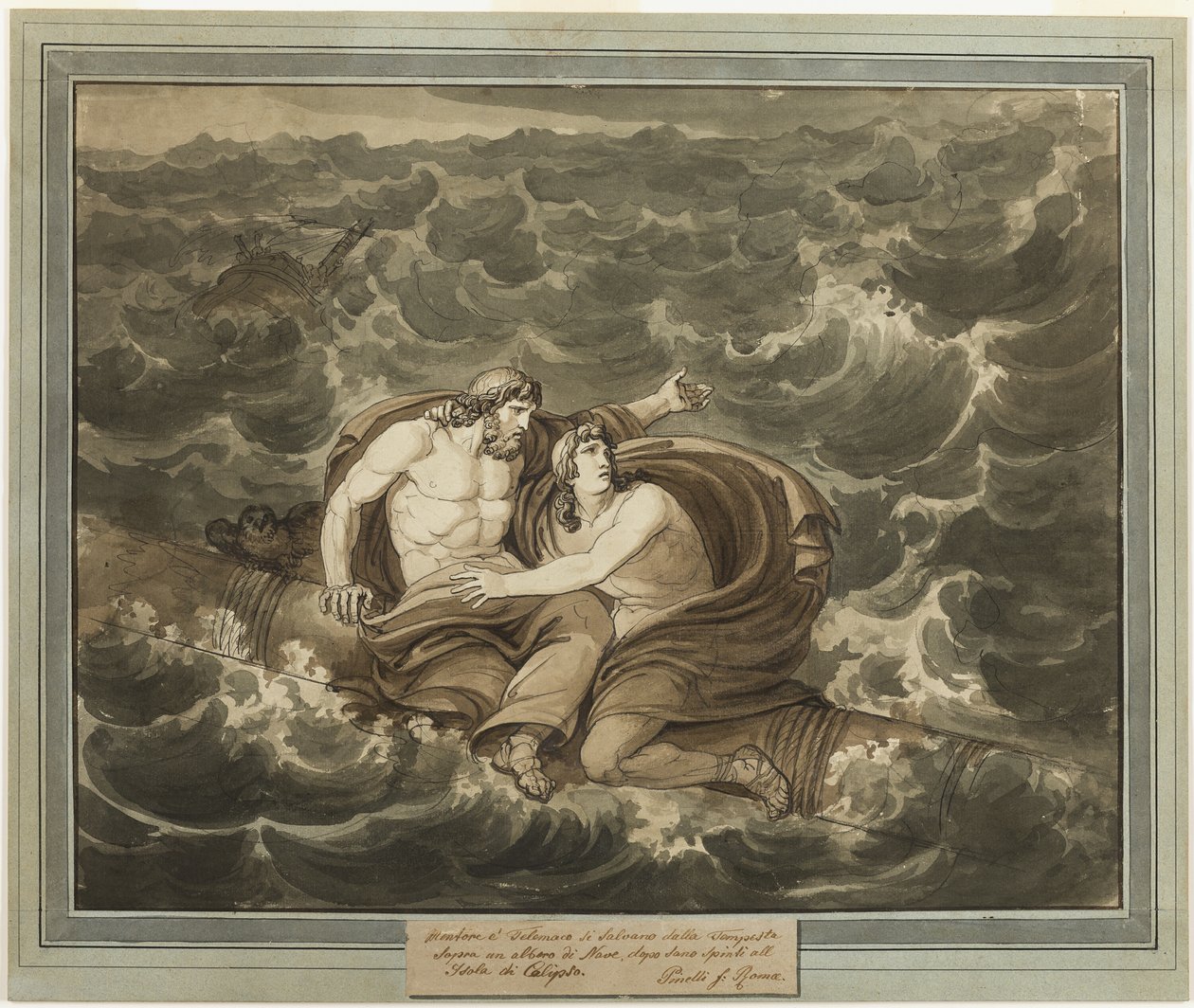 Mentor e Telêmaco, tendo sobrevivido à tempestade, são levados à Ilha de Calipso em um mastro, de As Aventuras de Telêmaco, Livro 6 de Bartolomeo Pinelli