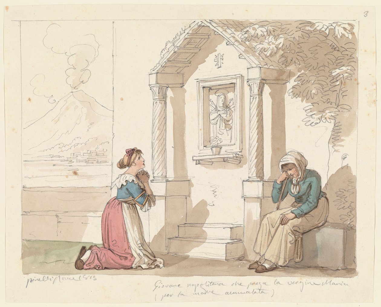 Mulher napolitana a rezar à Virgem pela sua mãe doente, ilustração para «Trajes e Costumes Romanos» de Bartolomeo Pinelli