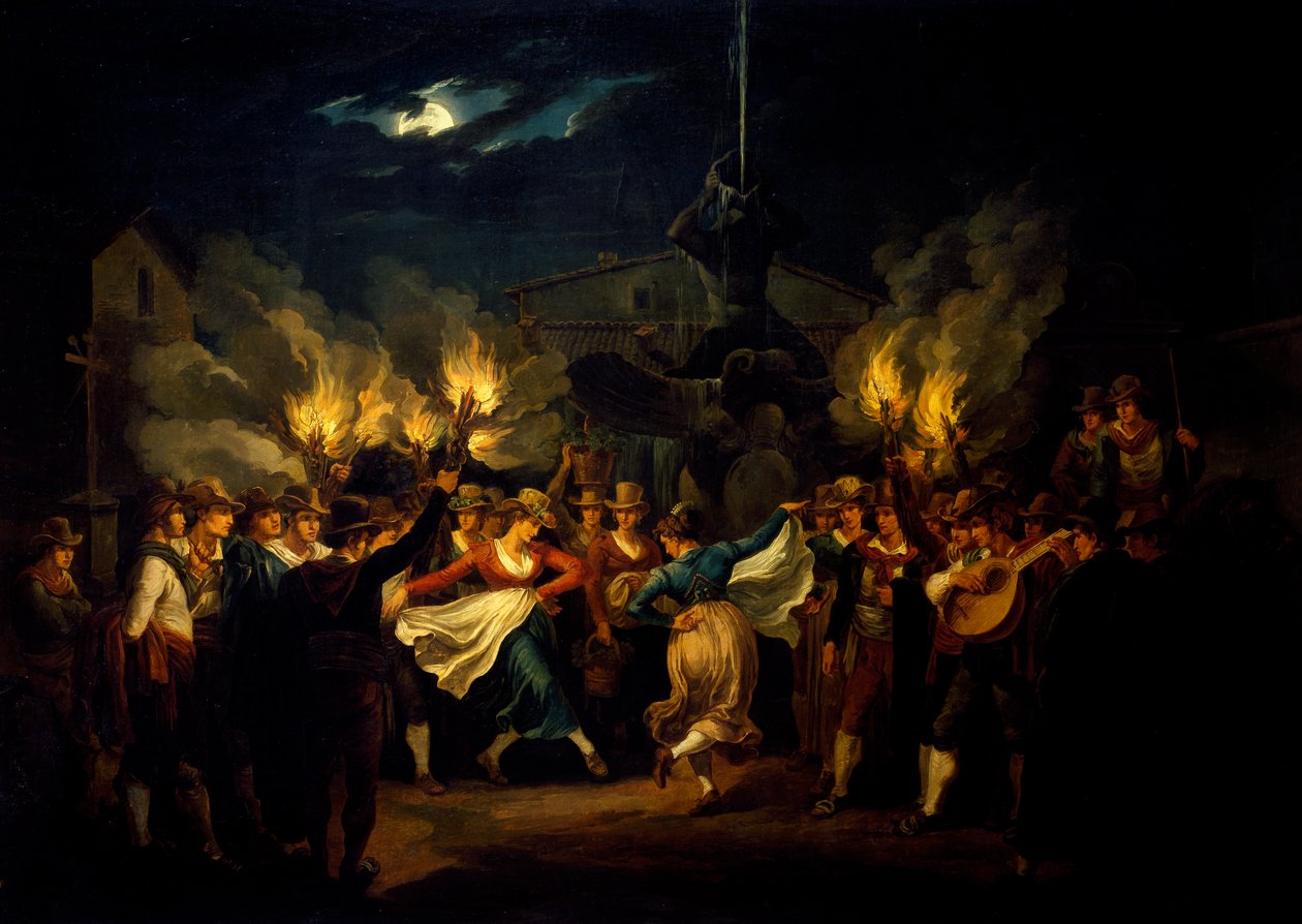 Dança noturna na Piazza Barberini após a colheita, por Bartolomeo Pinelli (1781-1835), Itália de Bartolomeo Pinelli