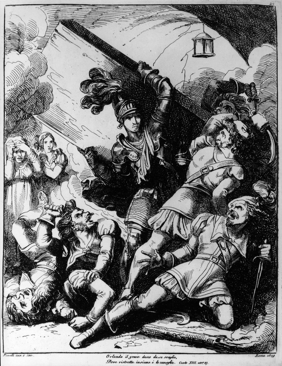 Orlando jogando tábua de madeira contra vinte homens armados, ilustração de Bartolomeo Pinelli (1781-1835) para XIII canto do Orlando Furioso de Ludovico Ariosto (1474-1533) de Bartolomeo Pinelli