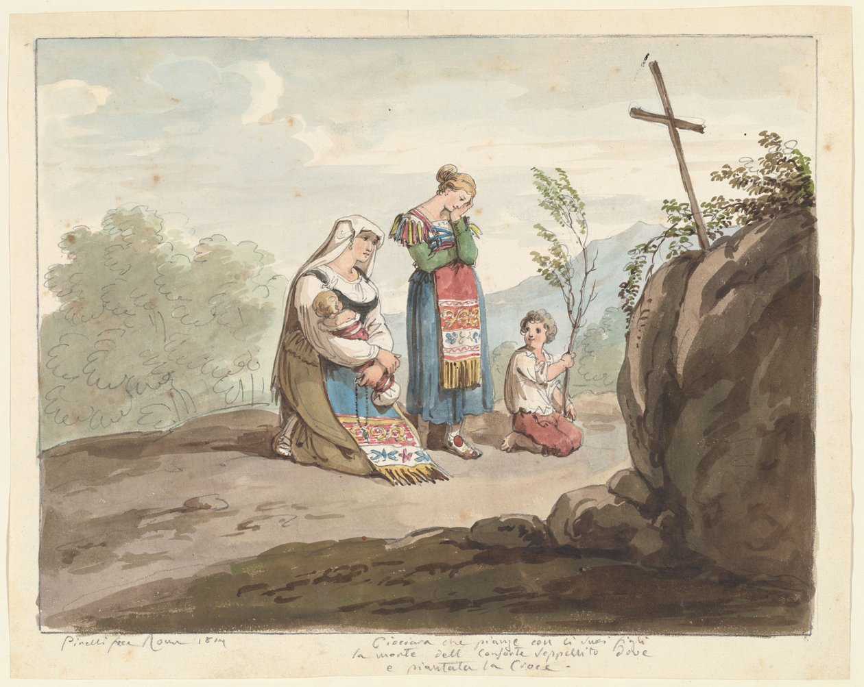 Camponesa com os seus filhos a chorar perante o local de sepultamento com uma cruz, ilustração para «Trajes e Costumes Romanos» de Bartolomeo Pinelli