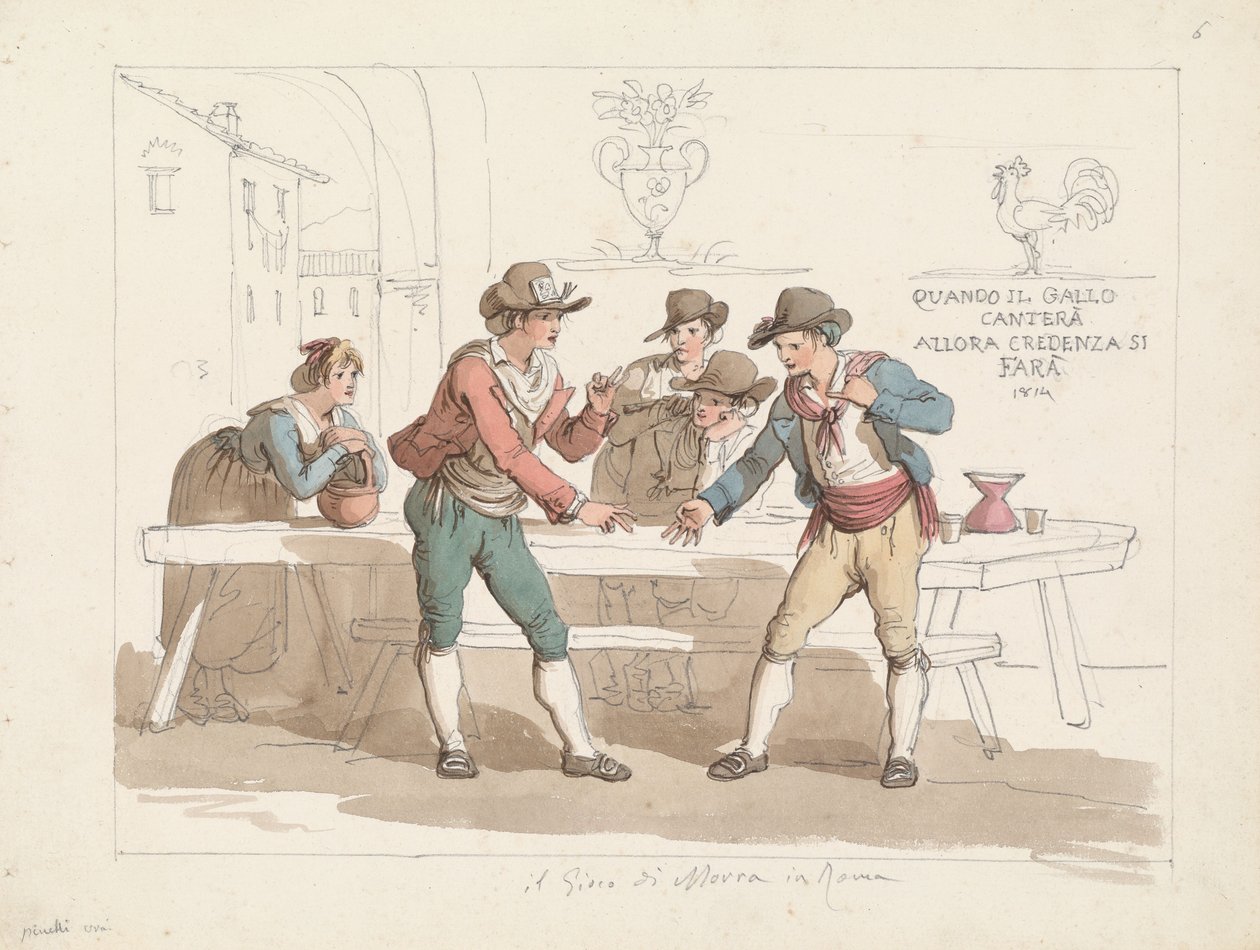 A jogar o jogo Morra numa osteria romana, ilustração para «Trajes e Costumes Romanos» de Bartolomeo Pinelli