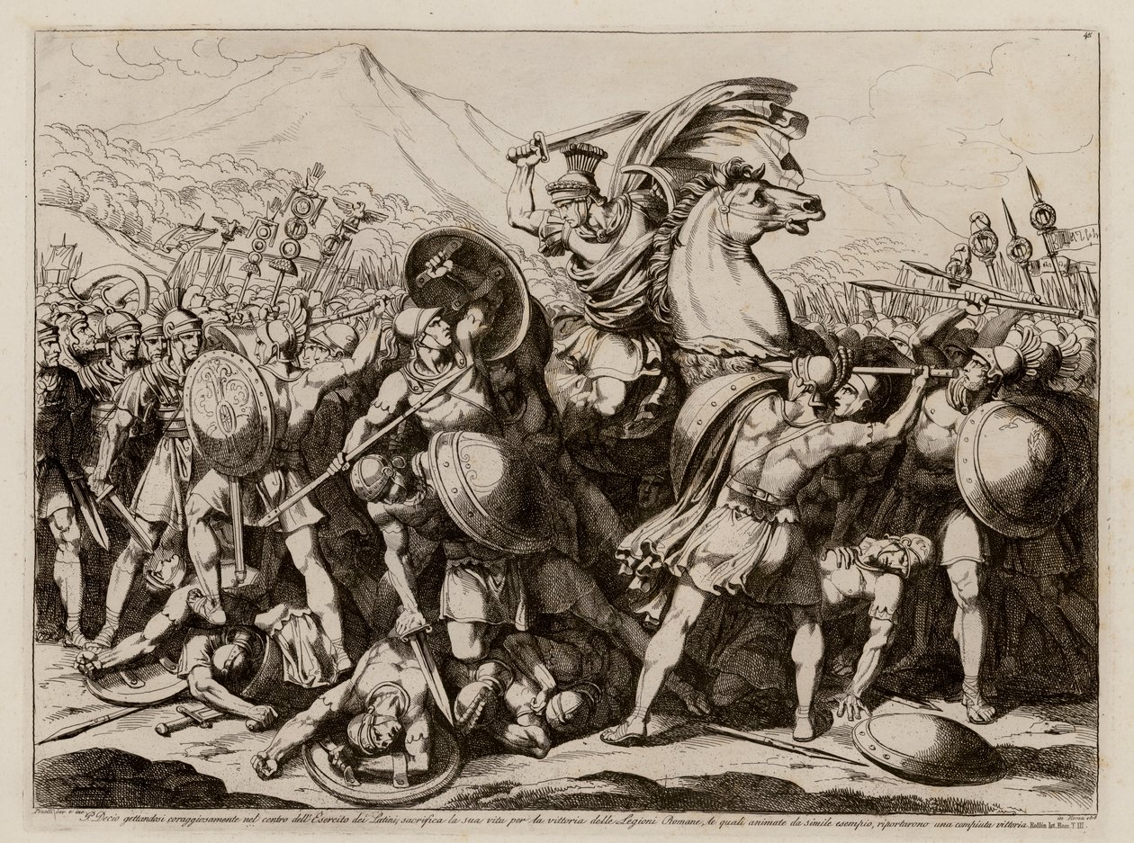 Publius Decius Mus sacrificando-se por Roma numa batalha contra os latinos (gravura) de Bartolomeo Pinelli