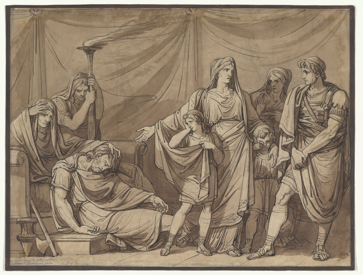 A rainha Tranquilla a ver o cadáver do seu marido, Tarquínio, ilustração para a *Istoria Romana*, de Charles Rollin de Bartolomeo Pinelli