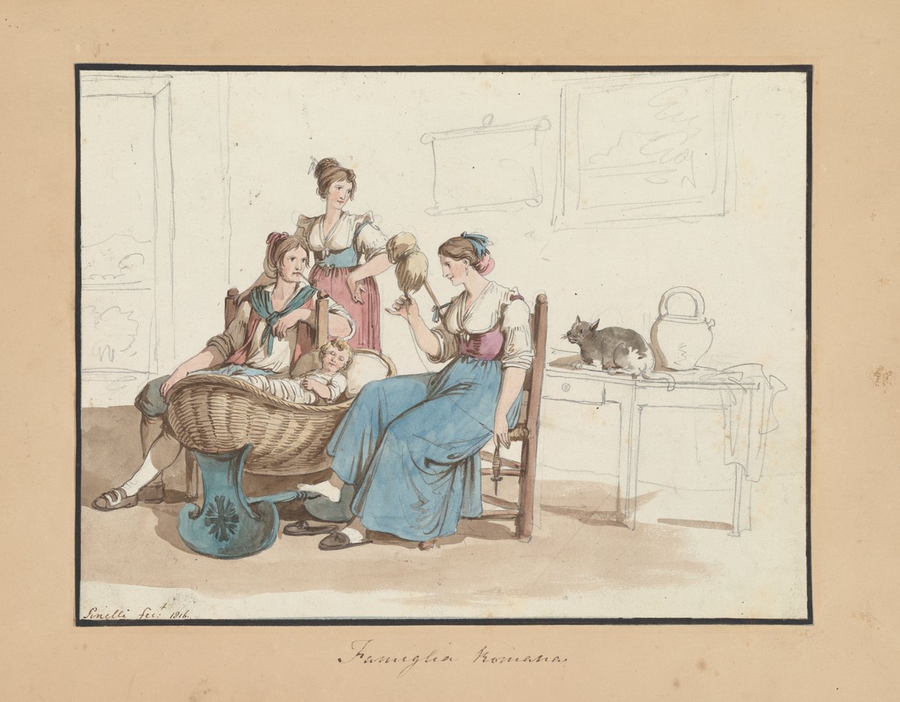 Família romana, estudo para trajes e costumes romanos de Bartolomeo Pinelli