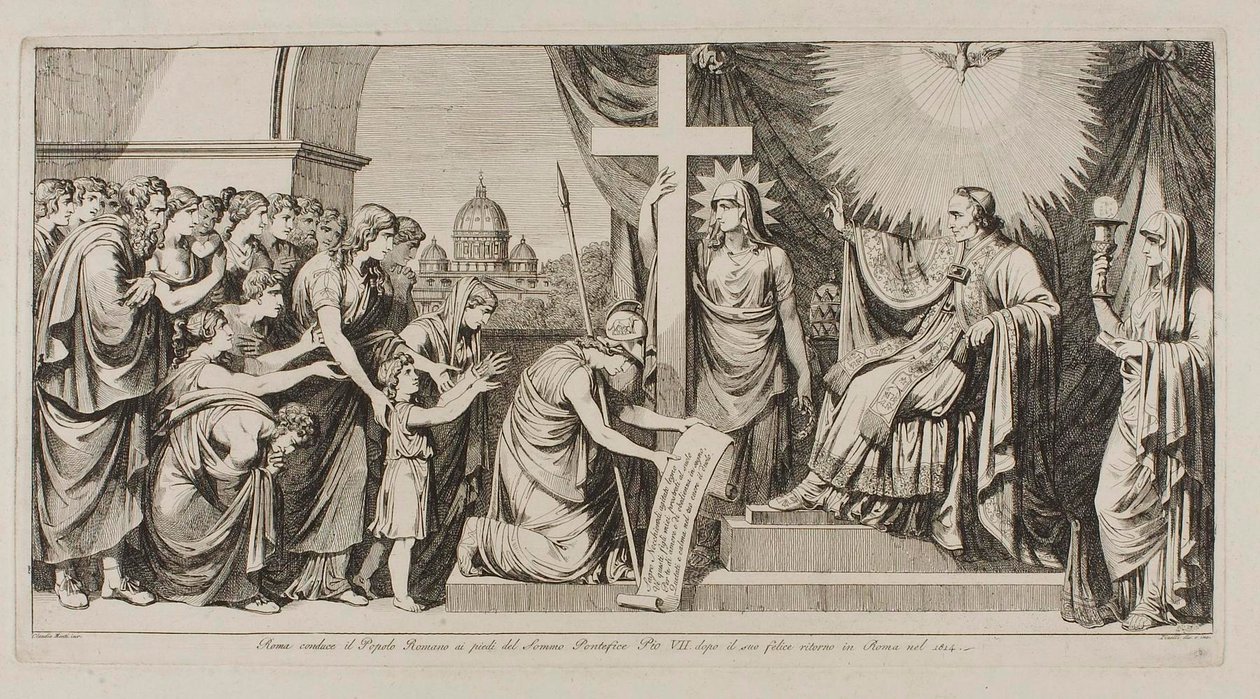 Roma conduz o povo romano a Pio VII após o seu regresso a Roma em 1814 de Bartolomeo Pinelli