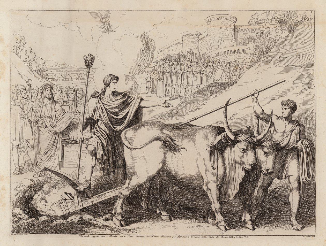 Rómulo a demarcar os limites de Roma com o seu arado (gravura) de Bartolomeo Pinelli