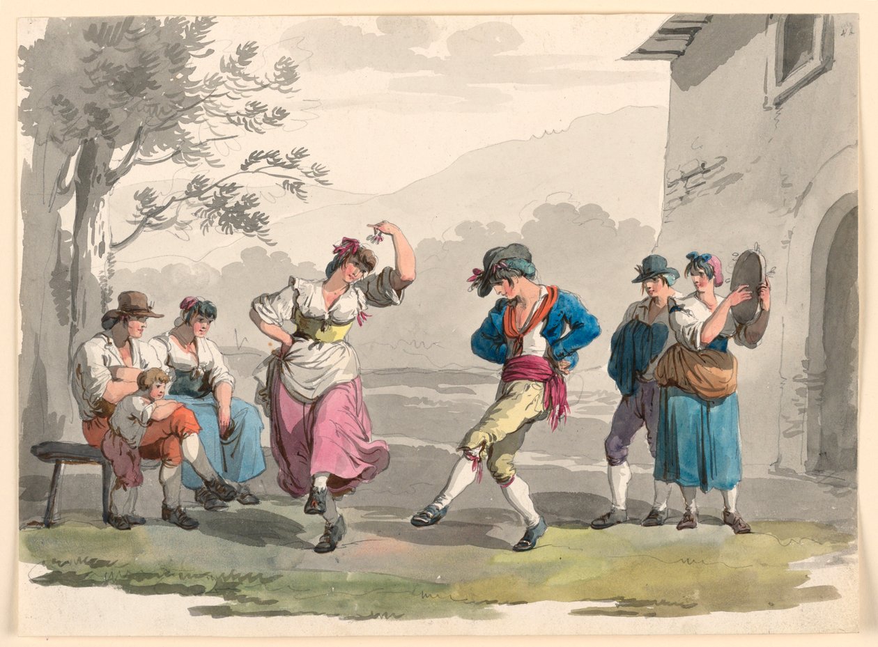 "Saltarello Romano", camponeses dançantes no bairro de Roma de Bartolomeo Pinelli