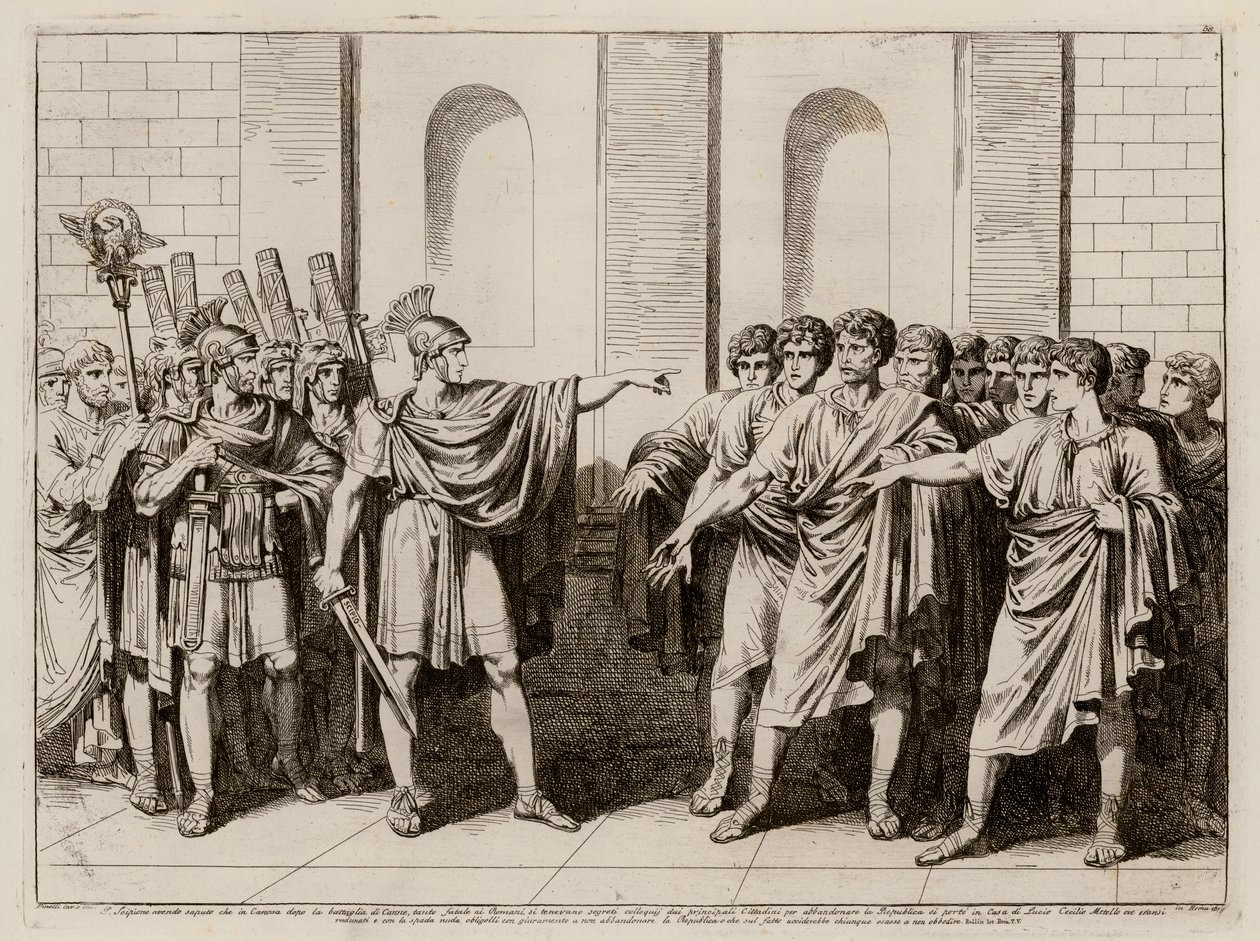 Cipião Africano obrigando os líderes de Roma a não abandonarem a República após a Batalha de Canas, 216 a.C. (gravura) de Bartolomeo Pinelli