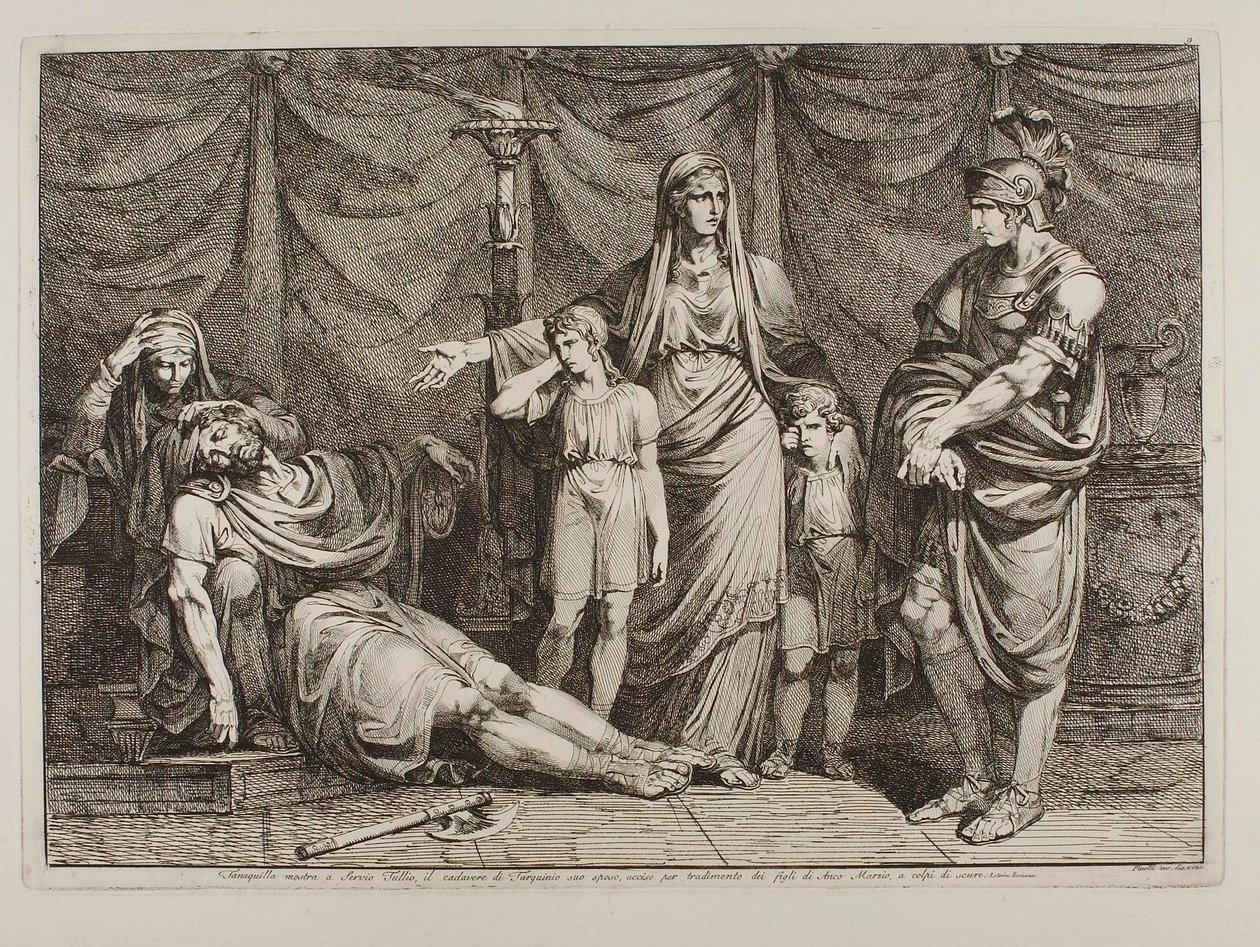 Tanaquilla mostra o cadáver de Tarquínio a Servius Tullius de Bartolomeo Pinelli