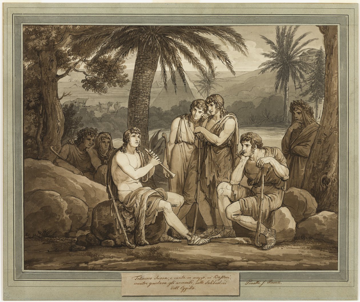 Telêmaco toca e canta para os pastores no Egito, de As Aventuras de Telêmaco, Livro 2 de Bartolomeo Pinelli