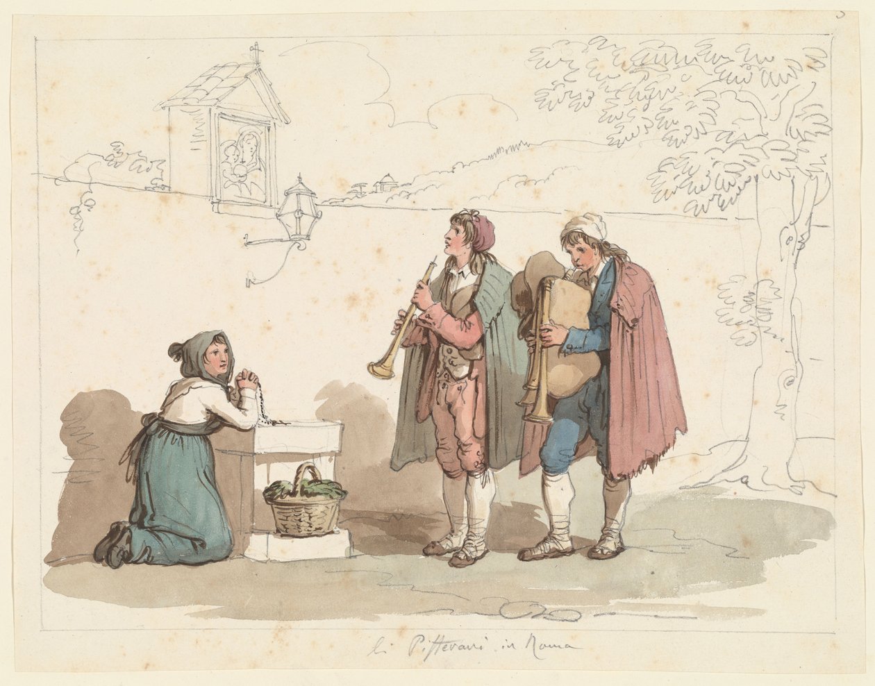O gaiteiro e o tocador de pífaro em Roma, ilustração para Trajes e costumes romanos de Bartolomeo Pinelli
