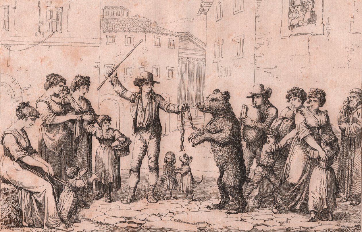 A Dança do Urso em Roma, gravura de Bartolomeo Pinelli (Roma de Bartolomeo Pinelli
