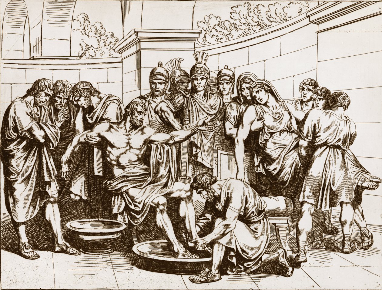 O filósofo romano Seneque (Lucius Annaeus Seneca, 4 AC-65 DC JC), acusado de participar numa conspiração contra o imperador Neron, foi ordenado a cometer suicídio - gravura de Bartolomeo Pinelli - Morte de Séneca, gravura de Bartolomeo Pinelli (1781- de Bartolomeo Pinelli
