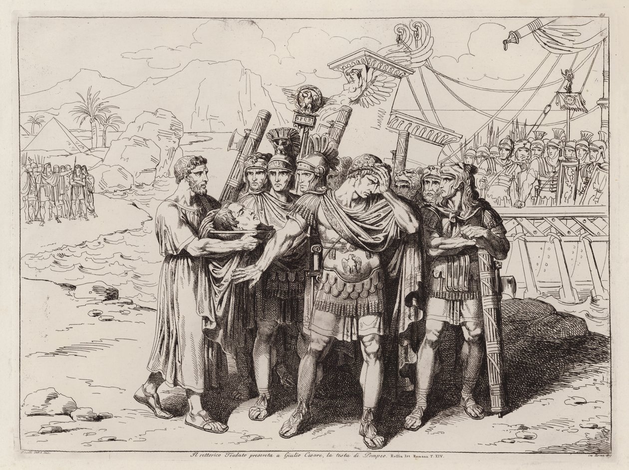 Teódoto mostrando a cabeça de Pompeu a Júlio César, 48 a.C. (gravura) de Bartolomeo Pinelli