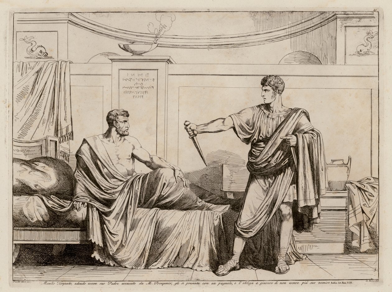 Titus Manlius Torquatus obrigando Marcus Pomponius a retirar as acusações contra o seu pai (gravura) de Bartolomeo Pinelli