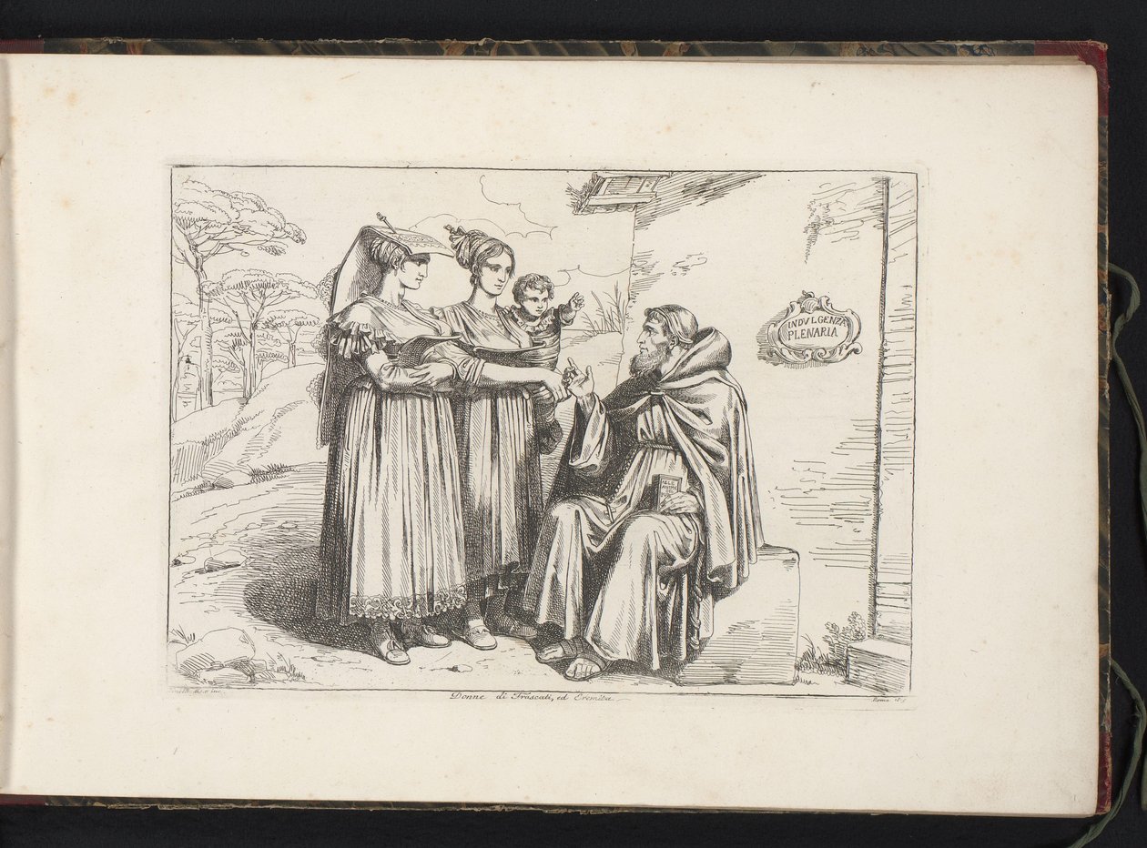 Duas mulheres de Frascati e um eremita Donne di Frascati, ed. Eremita (título no objeto) Estampas de fantasias com figuras de Roma e arredores (título da série) Nuova raccolta di cinquanta costumi de contorni di Roma (título da série) de Bartolomeo Pinelli