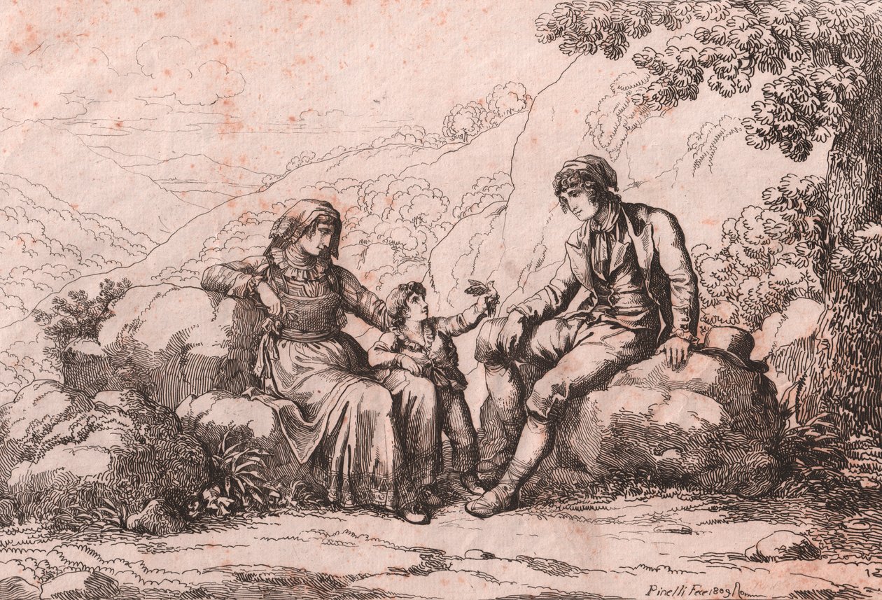 Dois plebeus com um bebê, Schiavi, Abruzzo, gravura de Bartolomeo Pinelli (Roma de Bartolomeo Pinelli