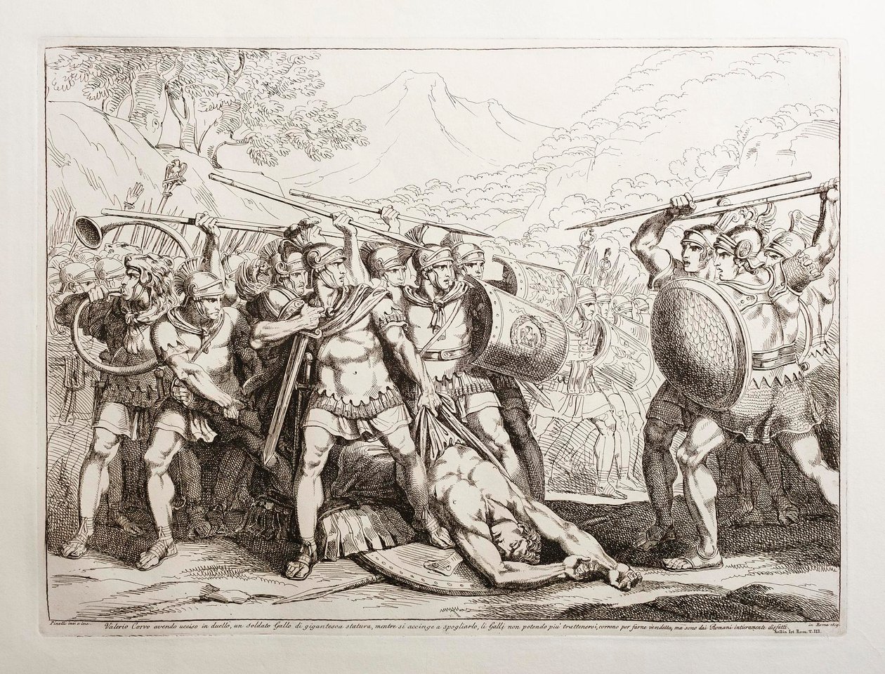 Depois de Valerio Corvo ter matado em duelo um soldado gaulês de estatura gigantesca, quando se preparava para o despir, os gauleses, incapazes de se conter, correram para o vingar, mas foram completamente derrotados pelos romanos de Bartolomeo Pinelli