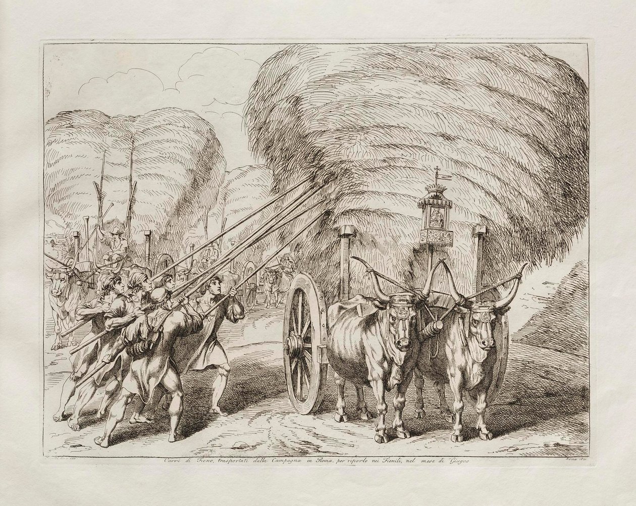 Carroças com feno transportadas do campo para Roma, para serem levadas para os celeiros no mês de junho de Bartolomeo Pinelli