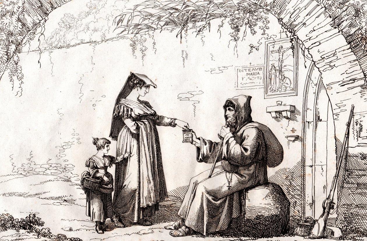 Mulher de Frascati e um eremita, gravada por Bartolomeo Pinelli (Roma de Bartolomeo Pinelli