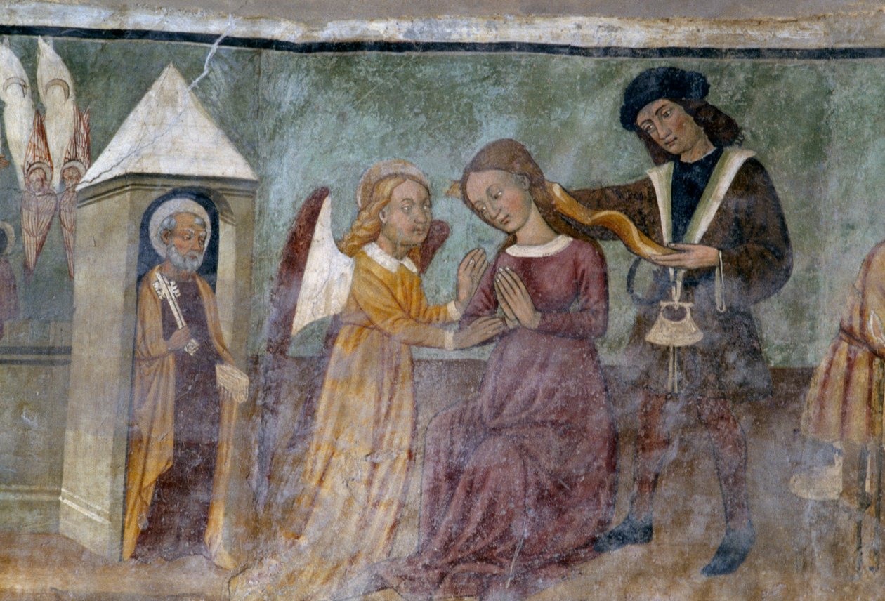 Cena alegórica, detalhe do ciclo que representa a Cavalgada dos vícios e virtudes, ca. 1490, de Bartolomeo Serra e Sebastiano Serra, fresco, capela de Santo Estêvão, Giaglione, Piemonte, Itália de Bartolomeo and Serra Sebastiano Serra