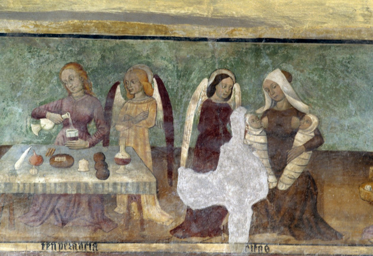 Cena alegórica, detalhe do ciclo que representa a Cavalgada dos vícios e virtudes, ca. 1490, de Bartolomeo Serra e Sebastiano Serra, fresco, capela de Santo Estêvão, Giaglione, Piemonte, Itália de Bartolomeo and Serra Sebastiano Serra