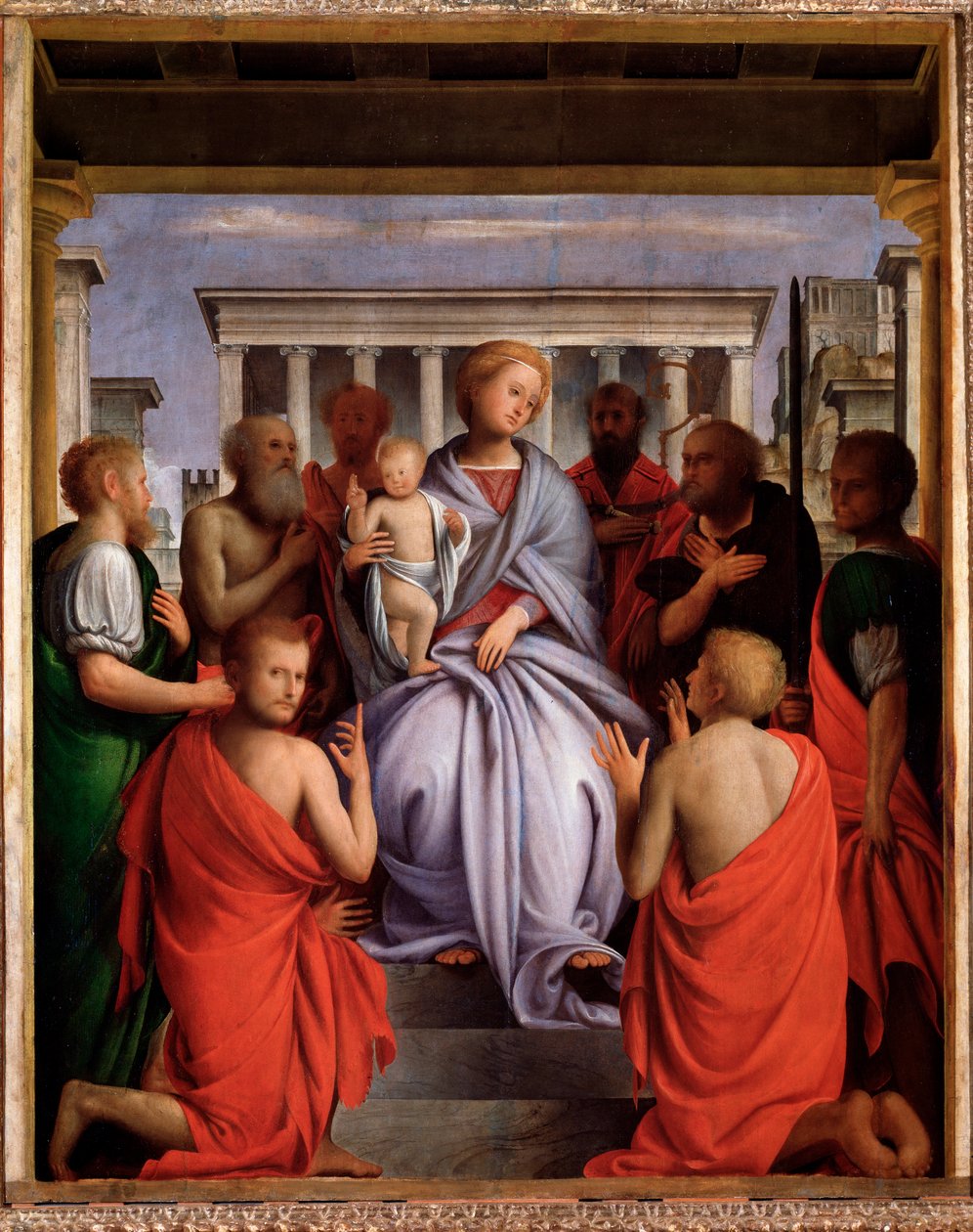 Madonna col Bambino e otto santi (Virgem e Criança com oito santos, Madonna e Criança com oito santos) Pintura de Bartolommeo Suardi disse o Bramantino (1465-1530) 1515-1520 Dim 214x104 cm Florença, Palazzo Pitti de Bartolomeo Suardi Bramantino