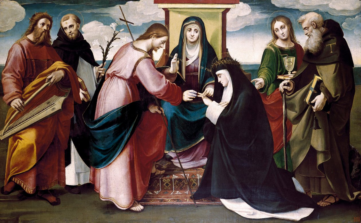 O casamento místico de Santa Catarina de Sena com Cristo, e os Santos João Baptista, António Abate, Domingos, Rei David e a Virgem Maria, c. 1517 (óleo sobre painel) de Bartolomeo called Bagnacavallo Ramenghi