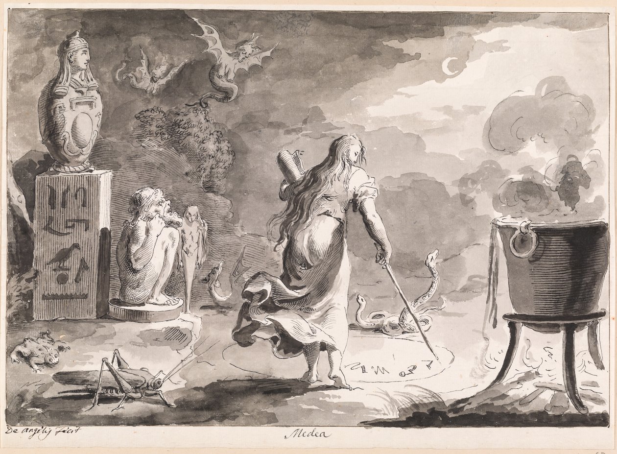 Medeia. Uma mulher de costas, entre répteis, criaturas marinhas, um caldeirão de bruxa e estátuas egípcias, escreve runas de feitiçaria à noite em círculo no chão. de Bartolomeo d