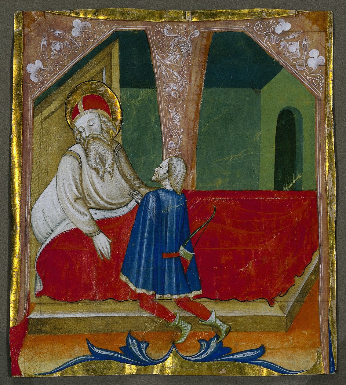 T inicial de um livro coral com Isaac e Esaú de Bartolomeo da Gallarate
