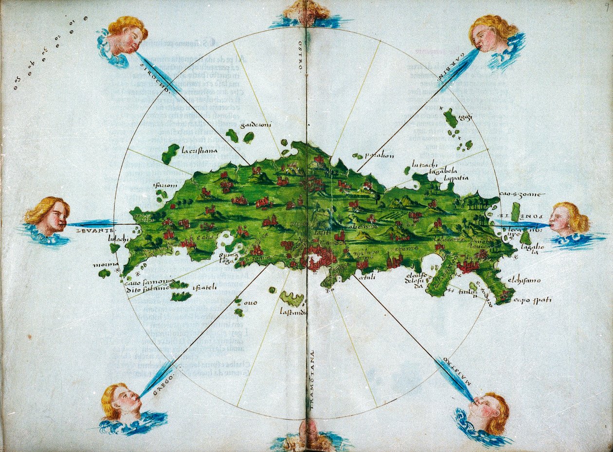 Isolário, em verso, com desenhos a cores e uma carta do Mediterrâneo oriental sobre velino, c.1480 (desenho sobre velino) de Bartolomeo da li Sonetti