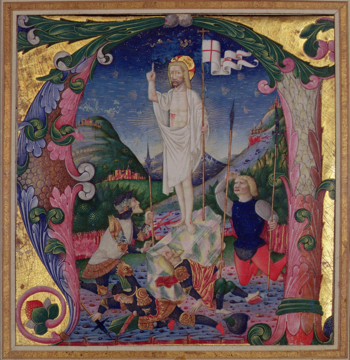 Inicial Historiated A retratando a ressurreição de Cristo, a escola da Lombardia de Bartolomeo de Rigossi da Gallarate attr. to Bartolomeo de Rigossi da Gallarate attr. to