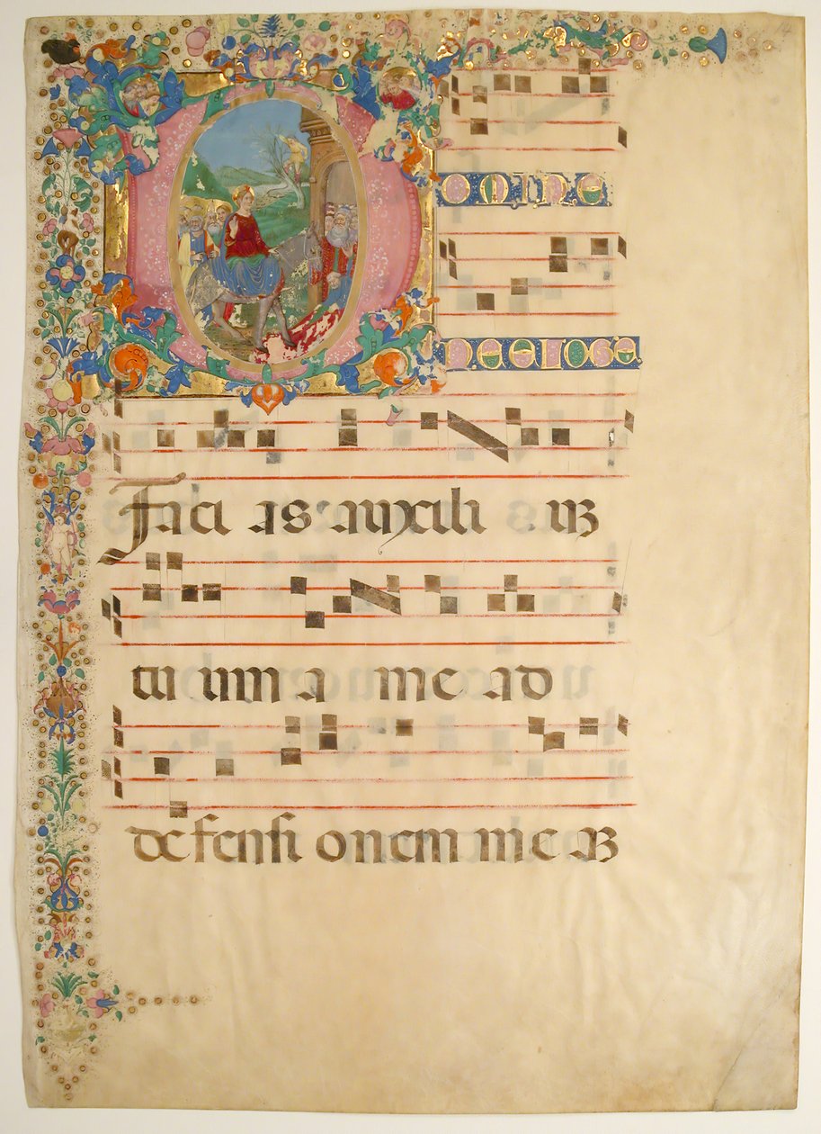 Folha Manuscrito com entrada em Jerusalém no Domingo de Ramos em inicial D..., sécs. XV-XVI. de Bartolomeo di Domenico di Guido