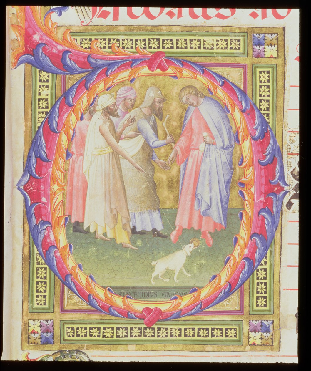 Ms 518 f.1r Historiated inicial O representando Tobias e o Anjo de Bartolomeo di Frusino