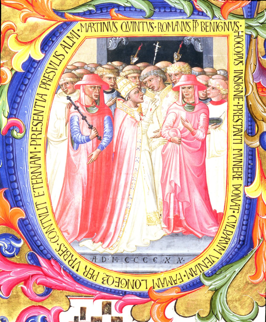 Ms 557 f.61v Historiated U inicial que descreve o papa Martin V 1368-1431 que concecrating a igreja de Sant. Egidio, de uma antífona de San Marco e Cenacoli 1420 detalhe de pergaminho de 100098 de Bartolomeo di Frusino