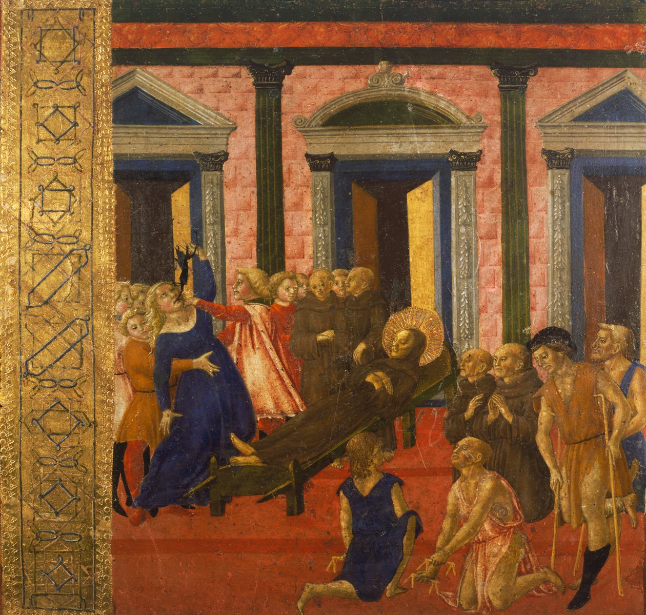 São Bernardino exorciza uma mulher possuída, de Neroccio di Bartolomeo (1447-1500), pintura, Palazzo Pubblico (Palácio Público), Siena, Itália. de Bartolomeo di Neroccio