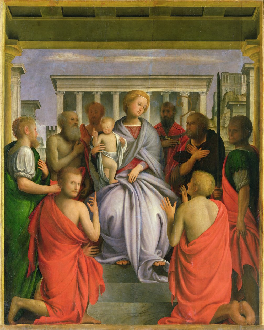 Madonna e criança com oito santos, 1520s (tempera no painel) de Bartolommeo Suardi Bramantino