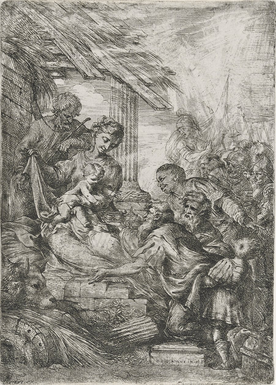 Adoração dos Reis (A Oferta dos Reis Magos), após 1657 (gravura em papel deitado) de Bartolommeo Biscaino