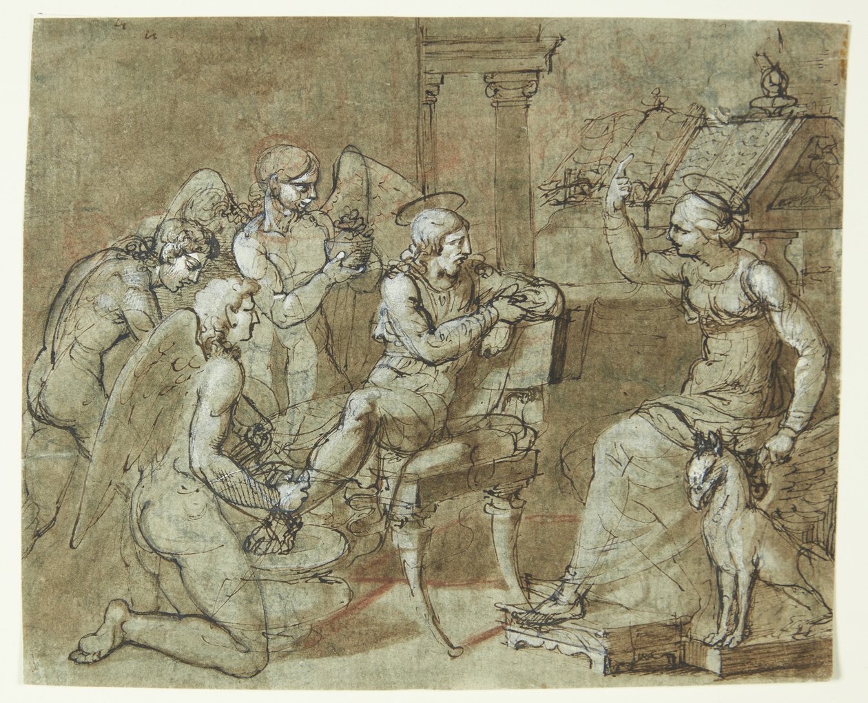 Um santo masculino é lavado e cuidado por anjos enquanto ouve uma santa sentada em frente a um púlpito e apontando para cima. O São Sebastião no St. Irene? de Bartolommeo Letterini