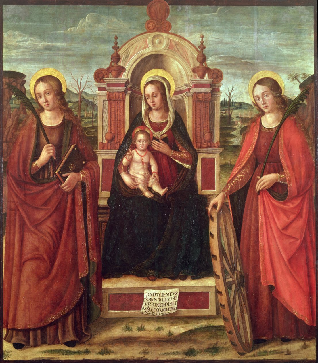 Madonna e Criança Entronizada com Santa Catarina de Alexandria e uma Santa Mulher Mártir (painel) de Bartolommeo de Gentile de Urbino