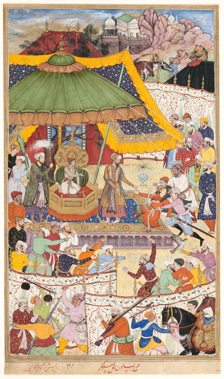 O Jovem Imperador Akbar Prende o Insolente Xá Abul-Maali, página de um manuscrito do Akbarnama, c.1590-95 (aguarela opaca e ouro sobre papel) de Basawan Basawan
